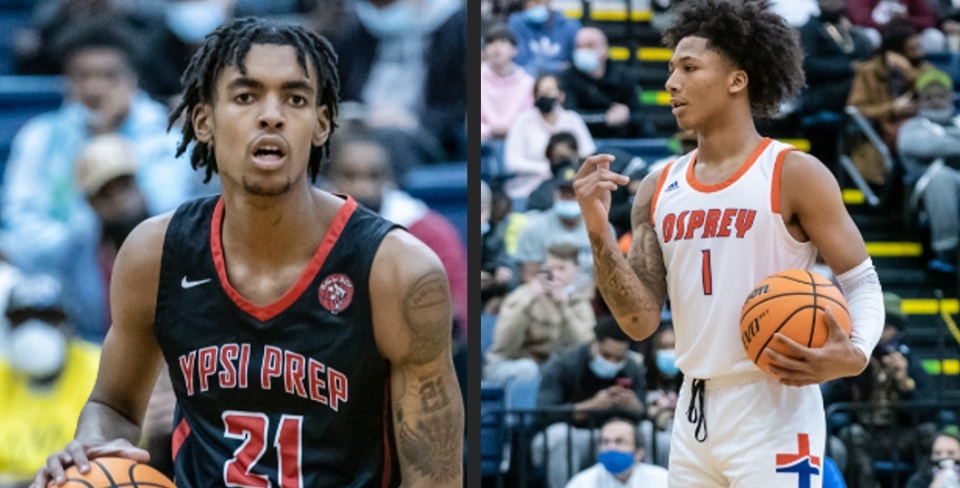 Ypsilanti Prep Academy junior Emoni Bates (left) and Lake Norman Christian (North Carolina) sophomore Mikey Williams photographed during their matchup Saturday, Feb. 7, 2021, in Greenville, South Carolina. Each player is a five-star prospect.