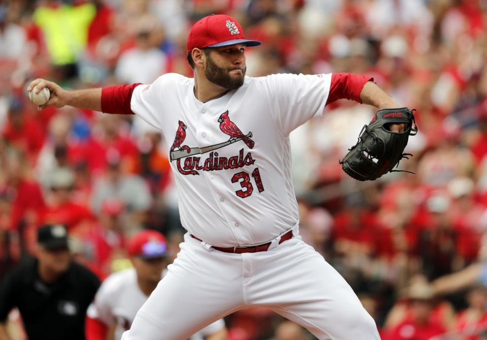 St. Louis Cardinals starting pitcher Lance Lynn throws during the first inning of a baseball game against the Miami Marlins, Tuesday, July 4, 2017, in St. Louis.