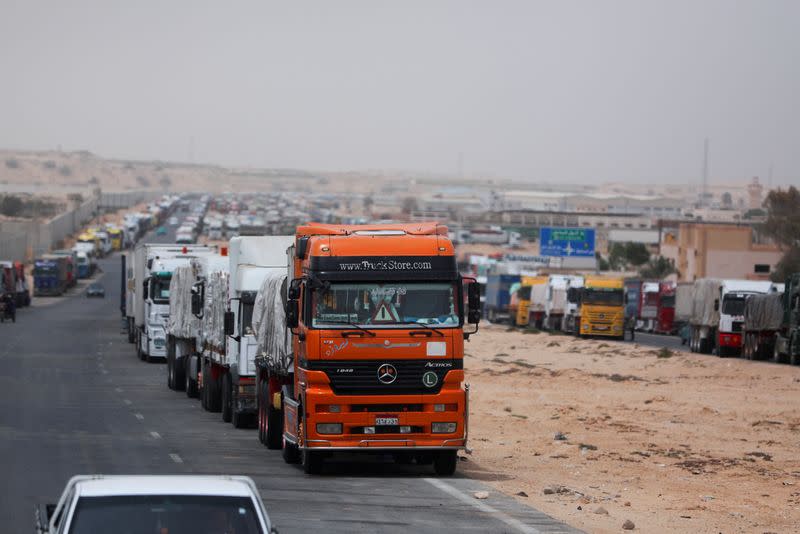 Trucks stand at the Rafah border crossing between Egypt and the Gaza Strip