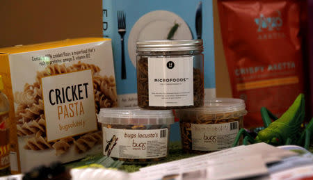 Food products made with insects in the ingredients are displayed during the 'Eating Insects Detroit: Exploring the Culture of Insects as Food and Feed' conference at Wayne State University in Detroit, Michigan May 26, 2016. REUTERS/Rebecca Cook