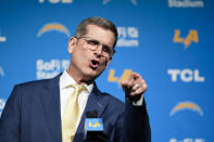 Jim Harbaugh speaks during a press conference introducing him as the new head coach of the Los Angeles Chargers NFL football team, Thursday, Feb. 1, 2024, in Inglewood, Calif. (AP Photo/Ashley Landis)