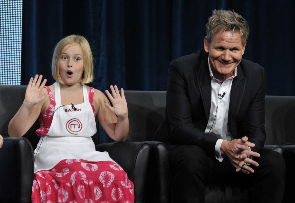 FILE - In this Aug. Sarah, a contestant on the FOX show "Master Chef Junior," makes fun of judge/executive producer Gordon Ramsay during a panel discussion on the show at the FOX 2013 Summer TCA press tour in Beverly Hills, Calif. (Photo by Chris Pizzello/Invision/AP, File)