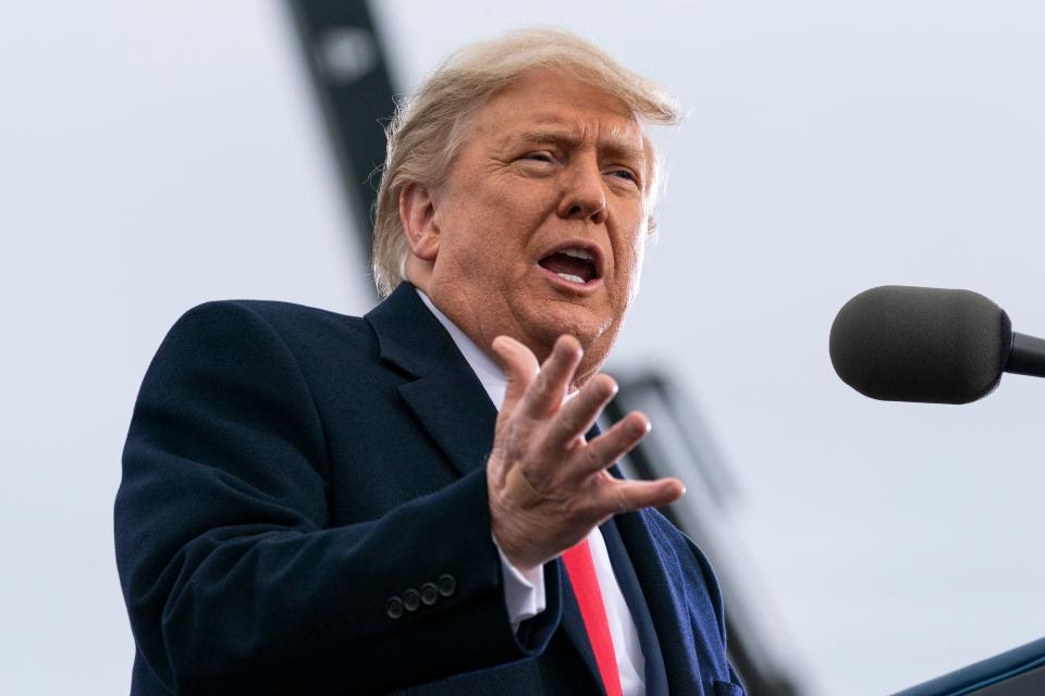 President Donald Trump speaks during a campaign rally at Muskegon County Airport on Oct. 17 in Norton Shores, Mich.