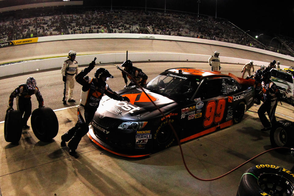 RICHMOND, VA - APRIL 27: Travis Pastrana, driver of the #99 Boost Mobile Toyota, pits during the NASCAR Nationwide Series Virginia 529 College Savings 250 at Richmond International Raceway on April 27, 2012 in Richmond, Virginia. (Photo by Todd Warshaw/Getty Images for NASCAR)