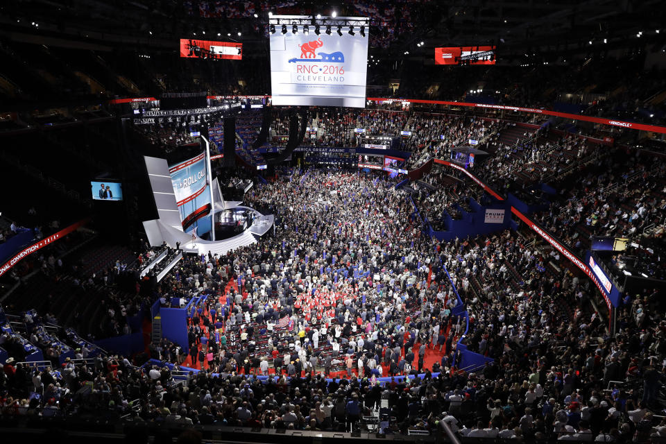 Delegates fill the floor during the second day session of the Republican National Convention in Cleveland, Tuesday, July 19, 2016. (AP/Matt Rourke)