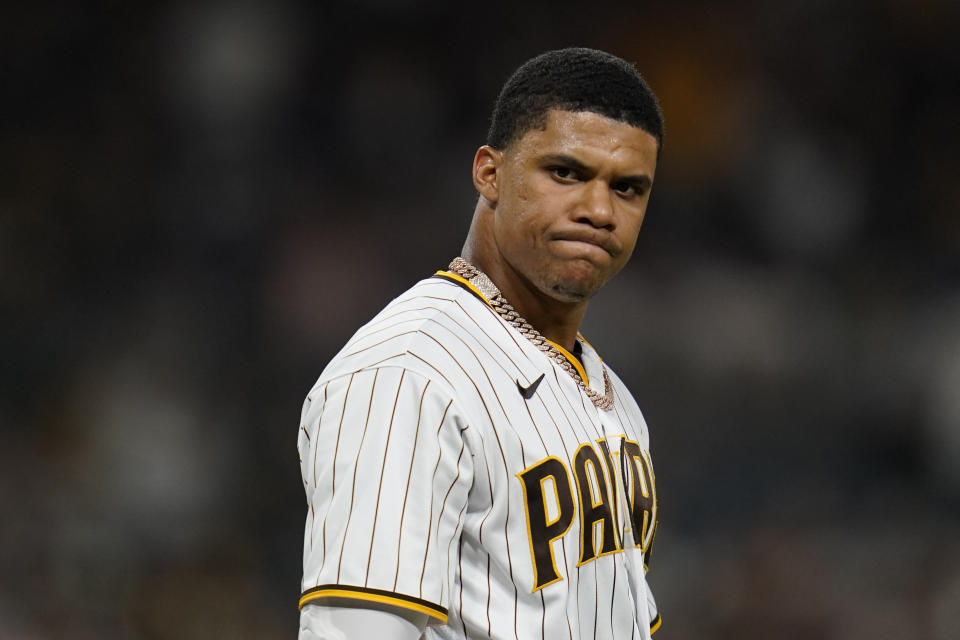 San Diego Padres' Juan Soto reacts after striking out with the bases loaded to end the seventh inning of the team's baseball game against the Washington Nationals, Thursday, Aug. 18, 2022, in San Diego. (AP Photo/Gregory Bull)