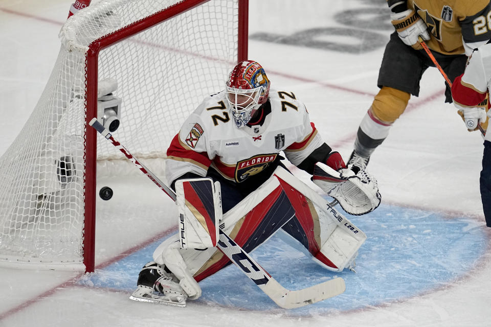 Florida Panthers goaltender Sergei Bobrovsky (72) can't stop a goal against the Vegas Golden Knights during the second period of Game 2 of the NHL hockey Stanley Cup Finals, Monday, June 5, 2023, in Las Vegas. (AP Photo/Abbie Parr)