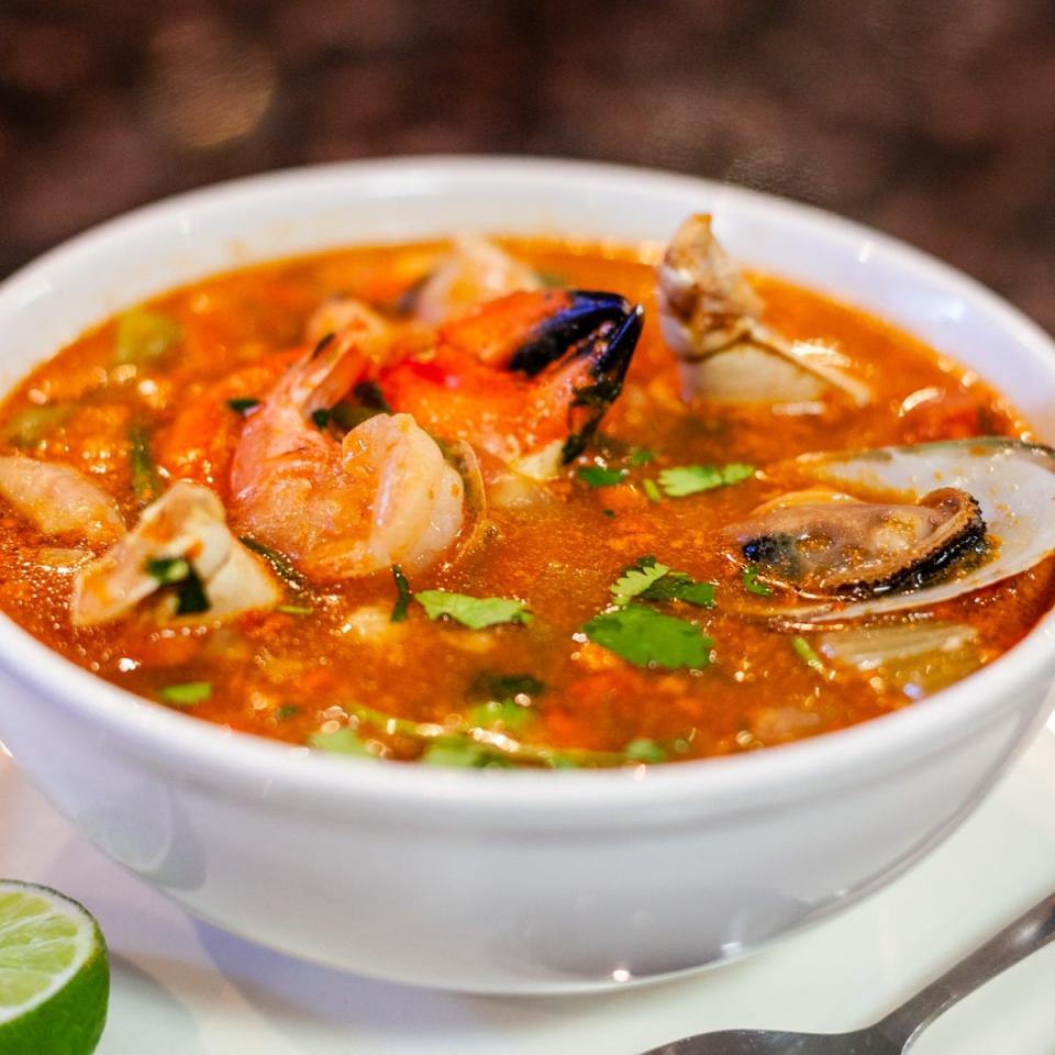 Sopa De Maricios or Seafood Soup at Mi Antojo Mexican Restaurant has everything you want in a meal