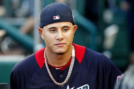 Jul 17, 2018; Washington, DC, USA; American League infielder Manny Machado of the Baltimore Orioles (13) before the 2018 MLB All Star Game at Nationals Ballpark. Mandatory Credit: Geoff Burke-USA TODAY Sports