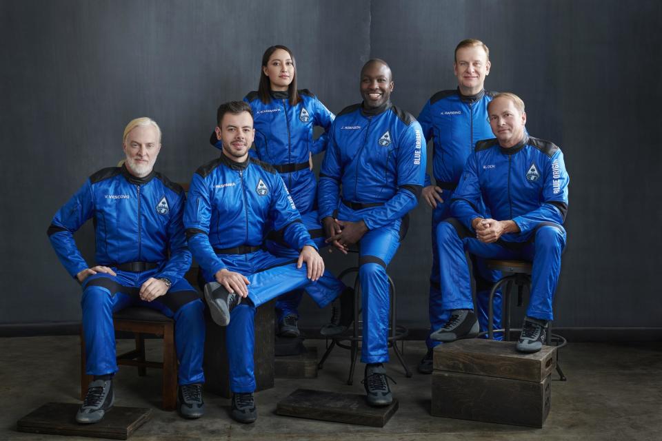 The Blue Origin crew that flew to space on June 4, 2022. Left to right: Victor Vescovo, Victor Correa Hespanha, Katya Echazarreta, Jaison Robinson, Hamish Harding and Evan Dick. / Credit: Blue Origin
