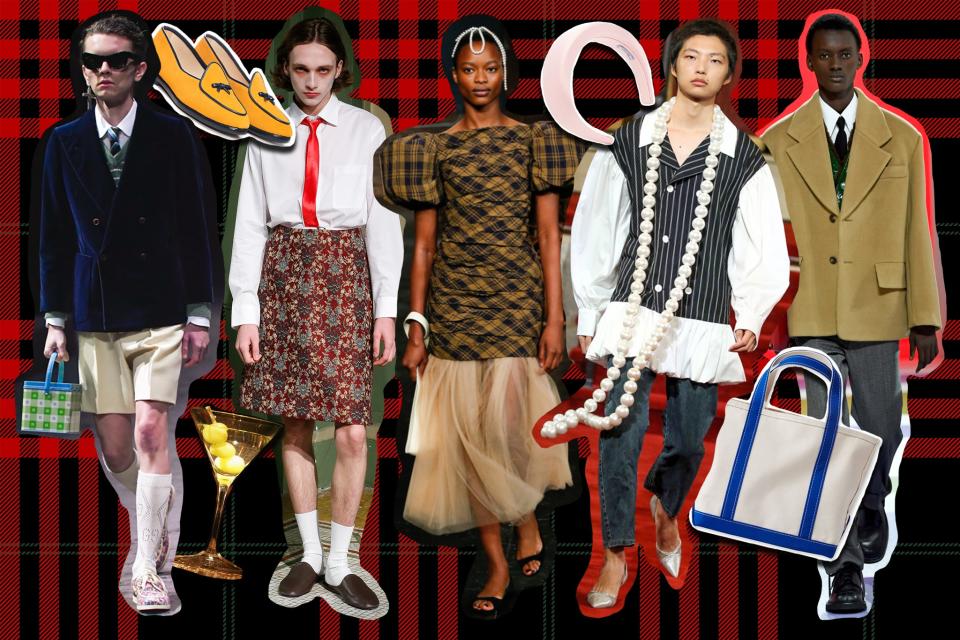 Gucci Men's Fall 2020, Puppets and Puppets Spring 2020, Khaite Spring 2020, Vaquera Spring 2020, and Prada Men's Fall 2020 featured alongside an L.L. Bean tote, a Prada headband and Belgian Shoes.