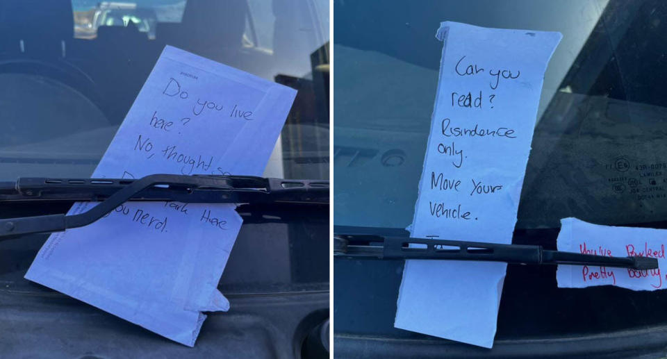 A photo of two of the notes placed into the wiper blades of the car.