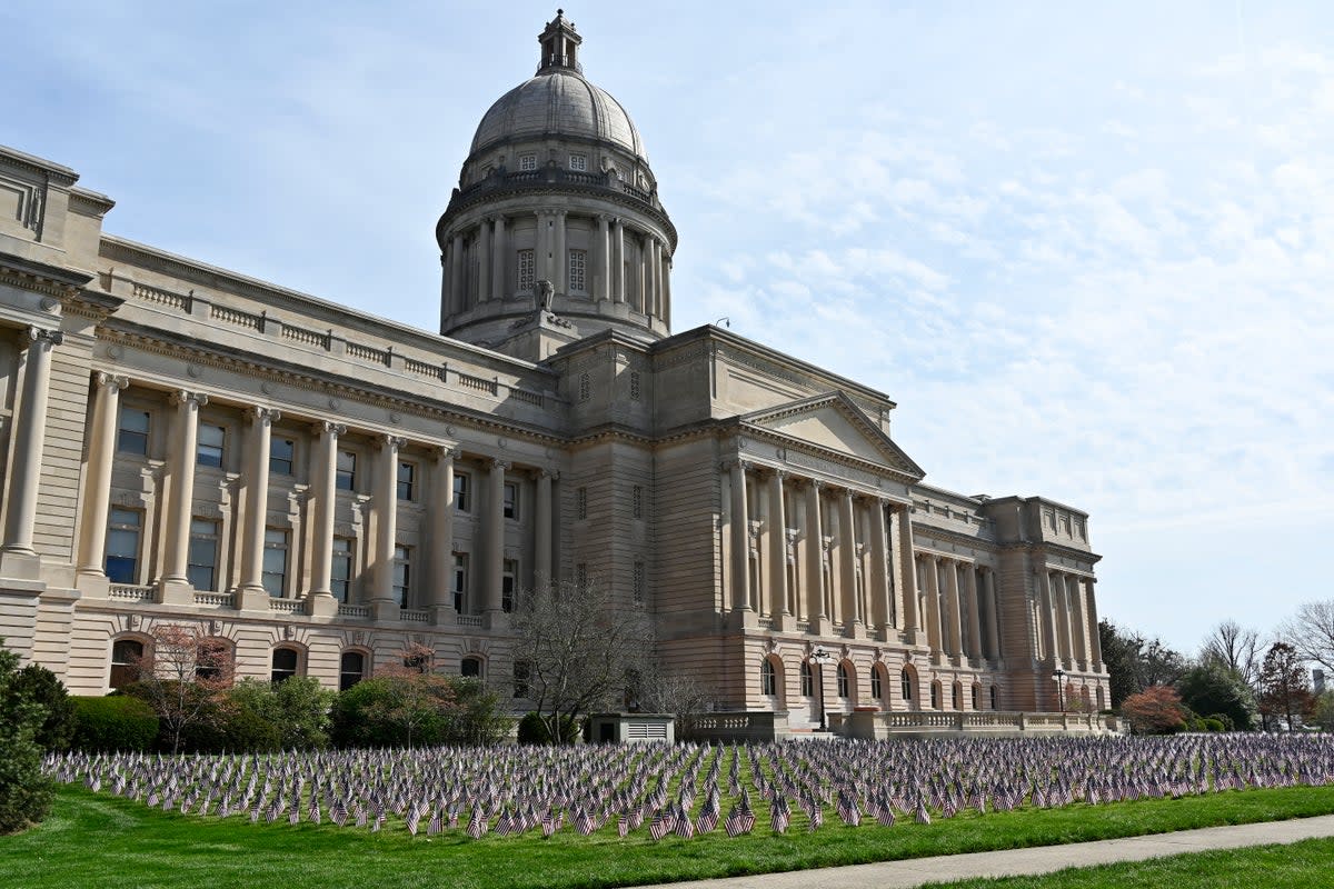 The Kentucky Capitol is seen, April 7, 2021, in Frankfort, Ky. Kentucky Democrats took their legal fight to the state's highest court on Tuesday, Sept. 19, 2023, in challenging Republican-drawn boundaries for state House and congressional districts. (AP Photo/Timothy D. Easley, File) (Copyright 2021 The Associated Press. All rights reserved.)