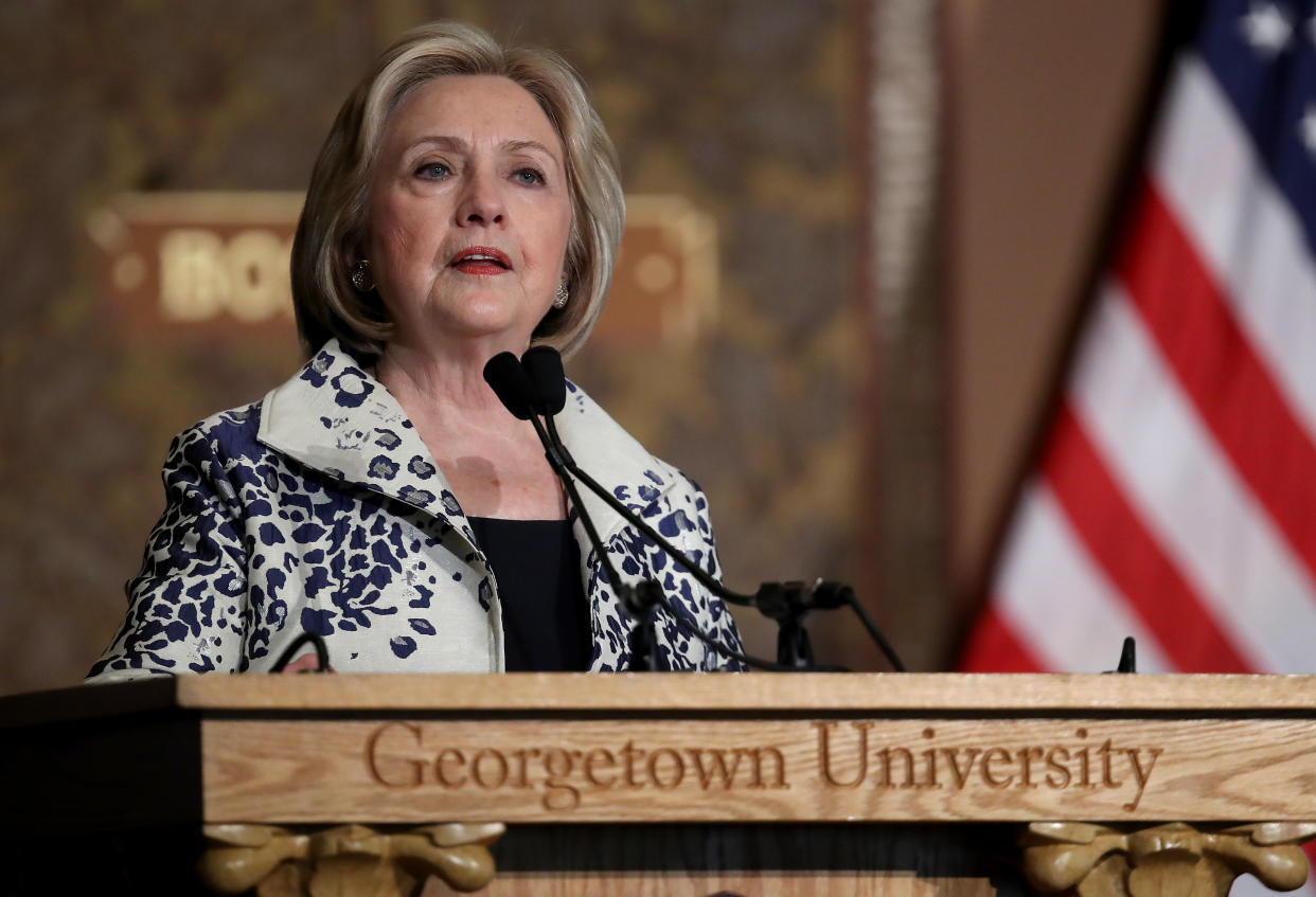 WASHINGTON, DC - SEPTEMBER 27:  Former U.S. Secretary of State Hillary Clinton speaks at Georgetown University September 27, 2019 in Washington, DC .Clinton delivered remarks before recognizing the winners of the 2019 Hillary Rodham Clinton Awards for Advancing Women in Peace and Security. (Photo by Win McNamee/Getty Images)