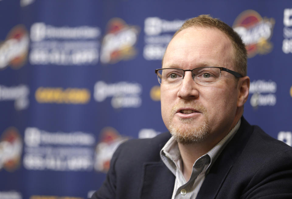 In this April 22, 2014 photo, Cleveland Cavaliers interim general manager David Griffin wrap-up the season at the NBA basketball team's headquarters in Independence, Ohio. On Monday, May 12, 2014, the Cavaliers announced Griffin has been named general manager of the and Mike Brown has been released as head coach. (AP Photo)