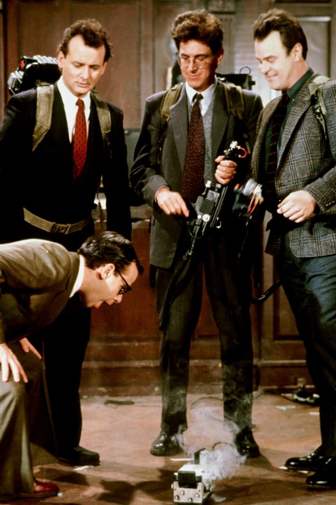 Rick Moranis, bending down, Bill Murray, Harold Ramis and Bill Murray in “Ghostbusters II,” in which the team use a “ghost trap” to get its prey. ©Columbia Pictures/Courtesy Everett Collection