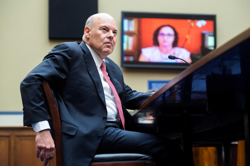 Rep. Katie Porter questions Postmaster General Louis DeJoy during the House Oversight and Reform Committee hearing in Washington, U.S., August 24, 2020. Tom Williams/Pool via REUTERS