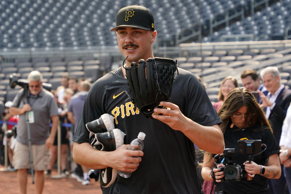 Pittsburgh Pirates first round draft pick, pitcher Paul Skenes walks to the bullpen at PNC Park following a meeting with reporters after signing with the team in Pittsburgh, Tuesday, July 18, 2023. The Pirates drafted Skenes first player overall in this year's Major League Baseball draft. (AP Photo/Gene J. Puskar)