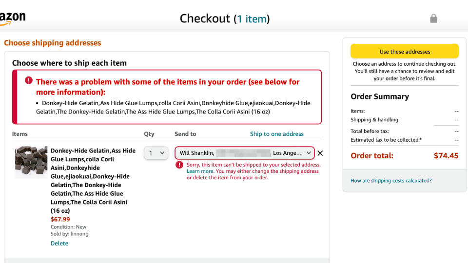 Screenshot of an Amazon error message during checkout. It refuses to ship a donkey-made gelatin product to a Los Angeles, CA address.
