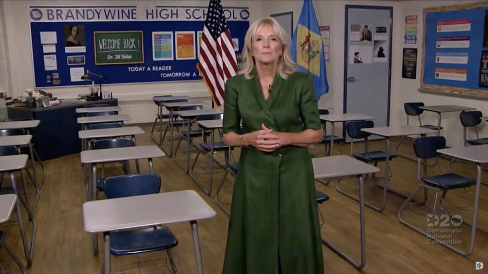 <div class="inline-image__caption"><p>In this screenshot from the DNCC’s livestream of the 2020 Democratic National Convention, Former U.S. Second Lady Dr. Jill Biden addresses from a classroom the virtual convention on August 18, 2020.</p></div> <div class="inline-image__credit">Handout/DNCC via Getty Images</div>