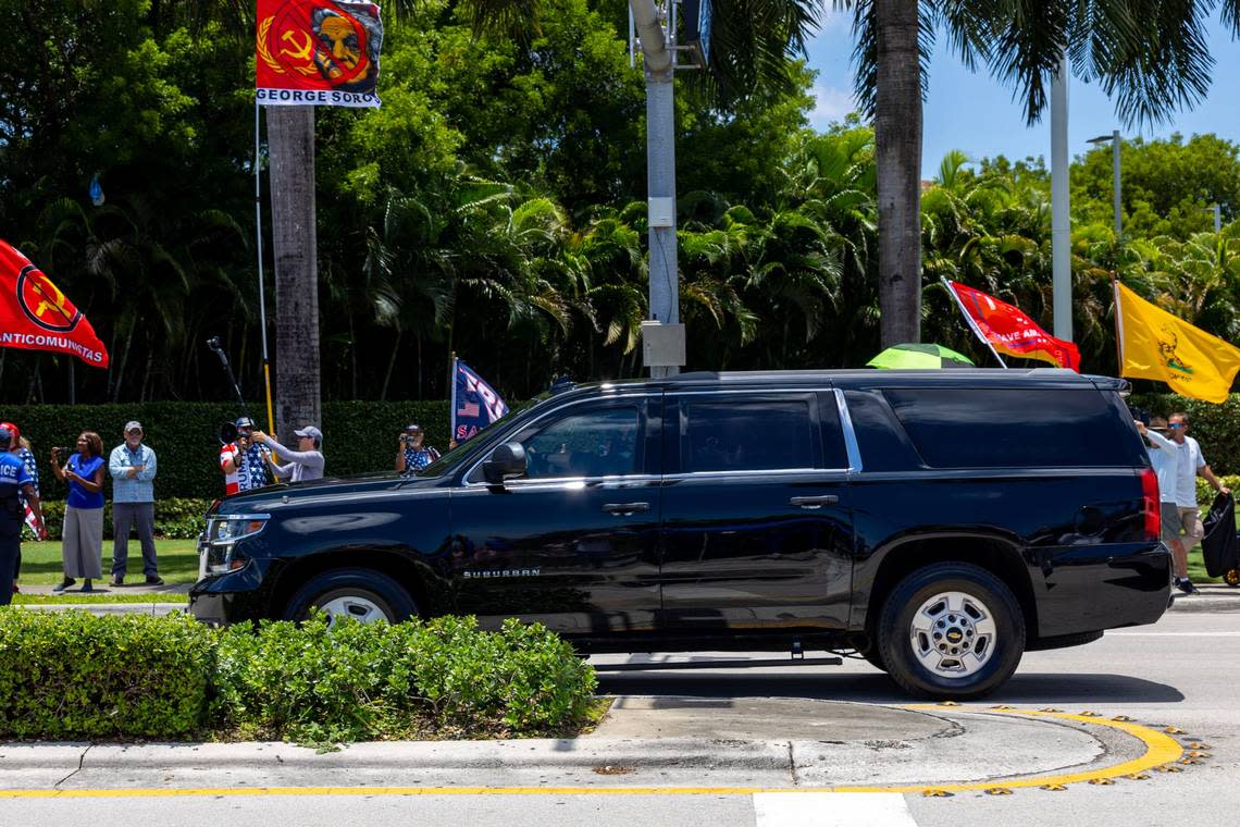 Former President Donald Trump’s motorcade passes supporters as it passes Trump National Doral Miami to Wilkie D. Ferguson Jr. U.S. Courthouse on Tuesday, June 13, 2023, in Doral, Florida. Trump is making a federal court appearance on felony charges accusing him of illegally hoarding classified documents.