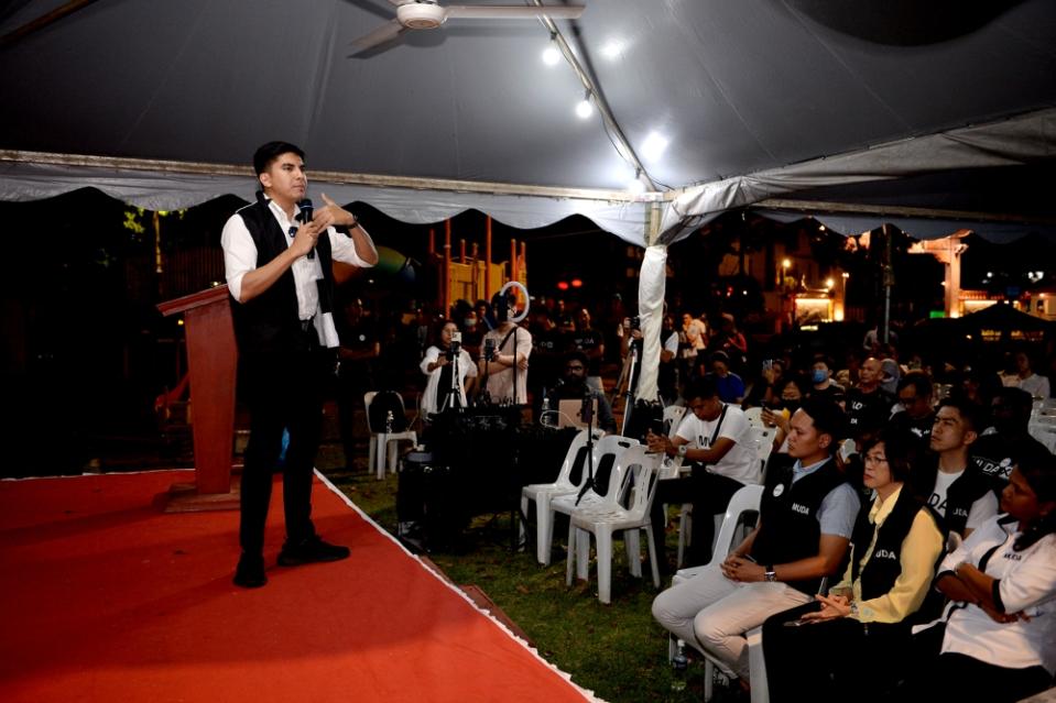 Muda president Syed Saddiq Syed Abdul Rahman speaks during a ceramah at Pantai Jerejak in Penang August 8, 2023. ― Picture by KE Ooi