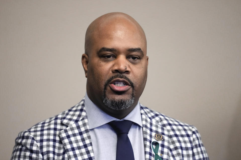 Marlon C. Lynch, Vice President for Public Safety and Chief of University of Michigan University Police speaks during a news conference at Michigan State University in East Lansing, Mich., Thursday, Feb. 16, 2023. Alexandria Verner, Brian Fraser and Arielle Anderson were killed and several other students remain in critical condition after a gunman opened fire on the campus of Michigan State University Monday night. (AP Photo/Paul Sancya)