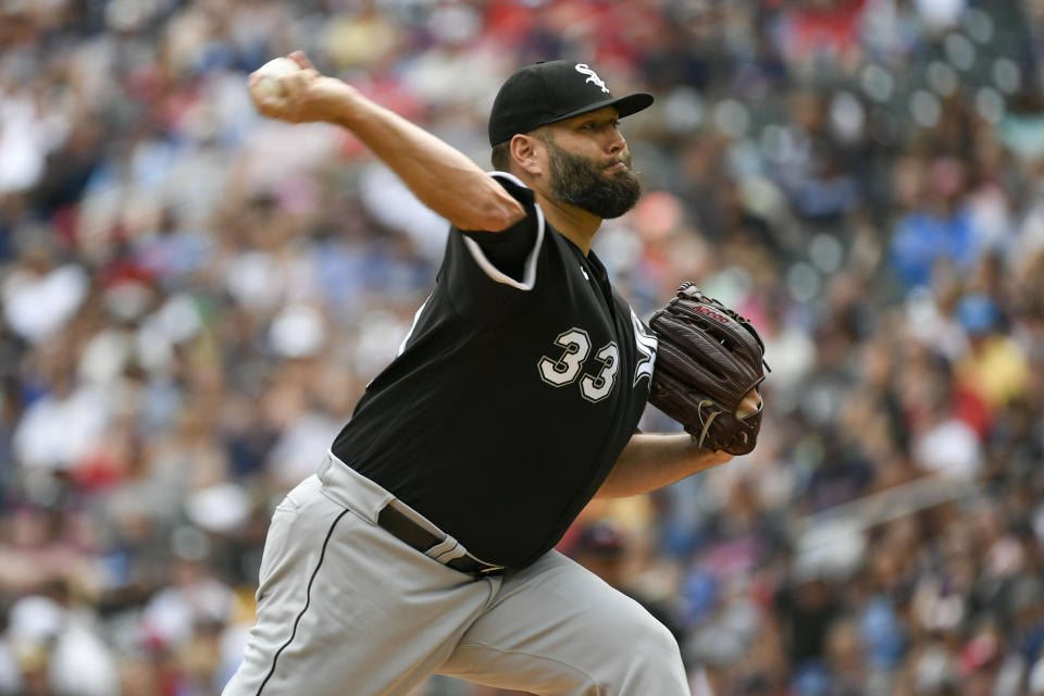 Chicago White Sox pitcher Lance Lynn throws against the Minnesota Twins during the first inning of a baseball game, Saturday, July 16, 2022, in Minneapolis. (AP Photo/Craig Lassig)