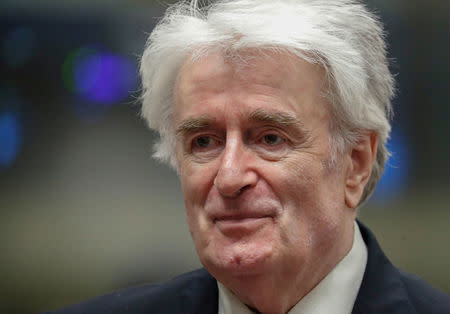 Former Bosnian Serb leader Radovan Karadzic appears in a courtroom before the International Residual Mechanism for Criminal Tribunals (MICT), which is handling outstanding war crimes cases for the Balkans and Rwanda, in The Hague, Netherlands, April 23, 2018. REUTERS/Yves Herman/Pool