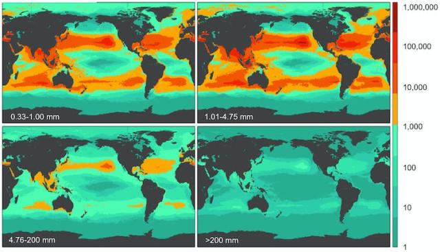 Four world maps showing where different sizes of plastic are accumulating in the ocean.