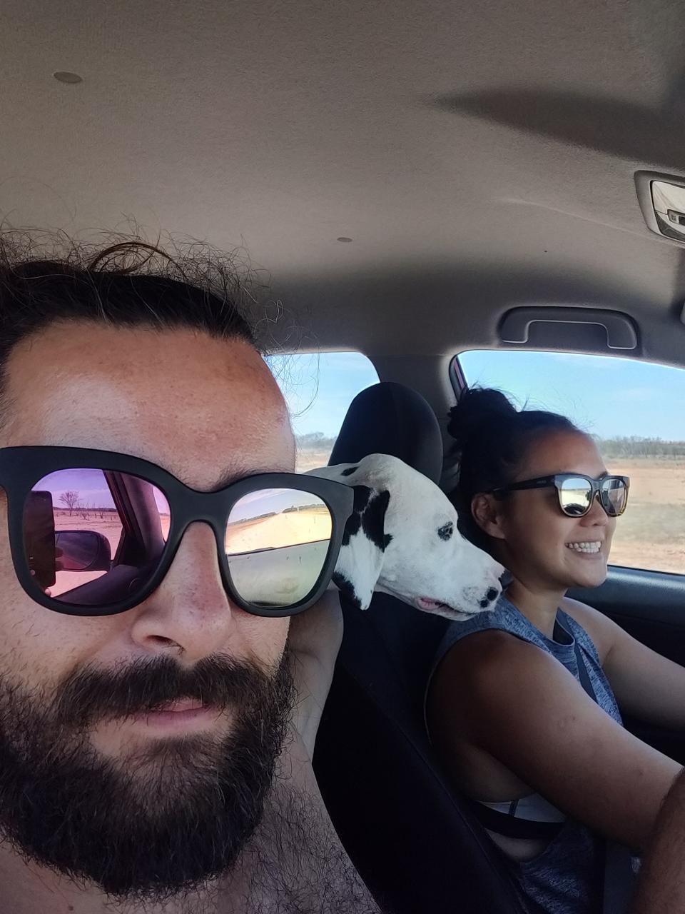 Jose, Nicky and their dog Loki became stranded on their journey from Cairns to Adelaide. Source: Royal Flying Doctor Service