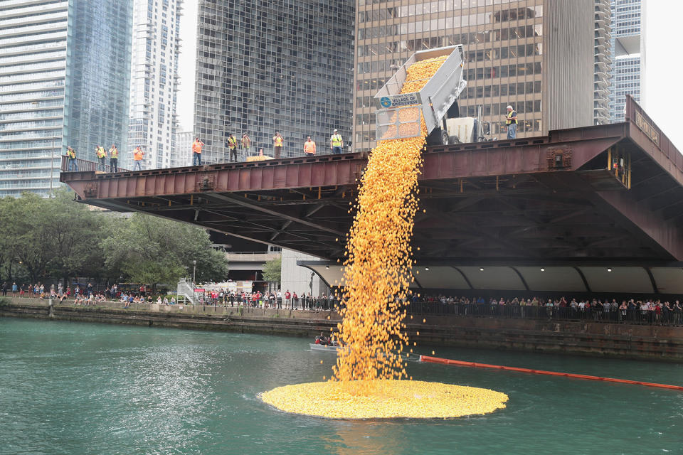 <p>Rubber ducks are dropped into the Chicago River to start the Windy City Rubber Ducky Derby on August 3, 2017 in Chicago, Illinois. (Photo: Scott Olson/Getty Images) </p>