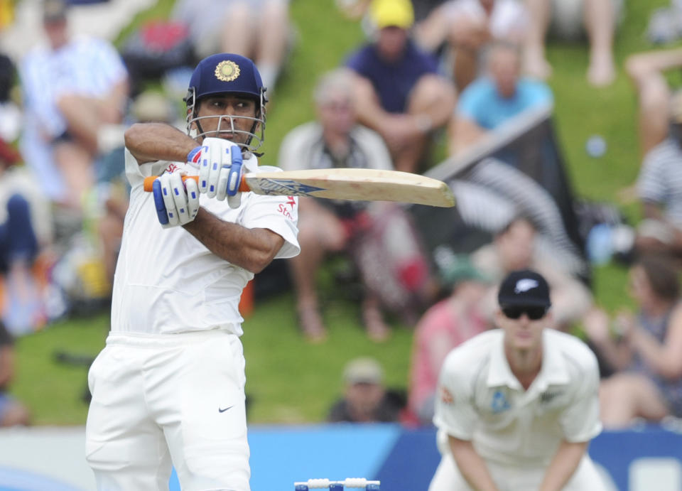 India’s MS Dhoni bats against New Zealand on the second day of the second cricket test in Wellington, New Zealand, Saturday, Feb. 15, 2014. (AP Photo/SNPA, Ross Setford) NEW ZEALAND OUT