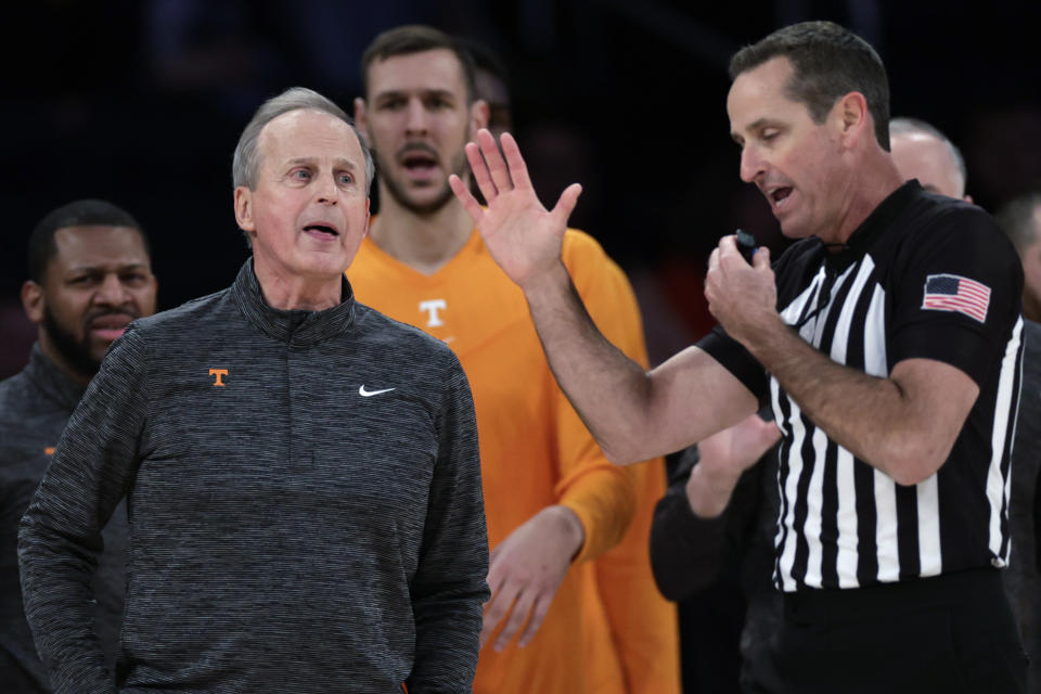 Tennessee coach Rick Barnes reacts to a call during the first half of the team's NCAA college basketball game against Texas Tech in the Jimmy V Classic on Tuesday, Dec. 7, 2021, in New York. (AP Photo/Adam Hunger)