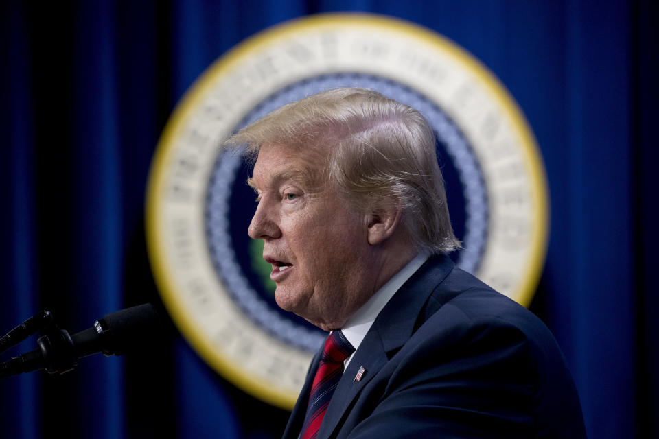 President Donald Trump speaks at an Opportunity Zone conference with state, local, tribal, and community leaders South Court Auditorium of the Eisenhower Executive Office Building, on the White House complex, Wednesday, April 17, 2019, in Washington. (AP Photo/Andrew Harnik)