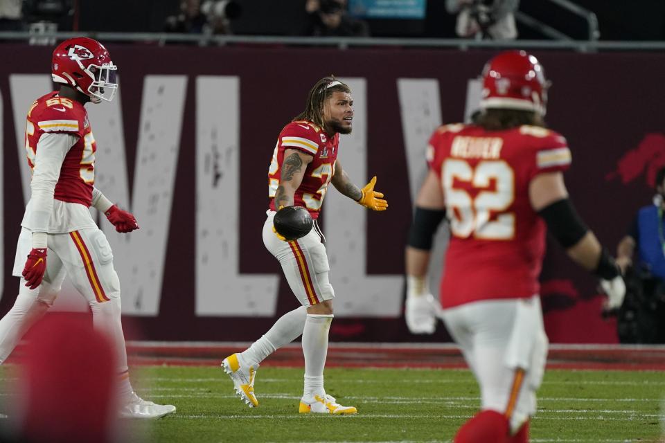 Kansas City Chiefs strong safety Tyrann Mathieu, center, reacts after an interception was called back for a penalty during the first half of the NFL Super Bowl 55 football game against the Tampa Bay Buccaneers Sunday, Feb. 7, 2021, in Tampa, Fla. (AP Photo/Lynne Sladky)