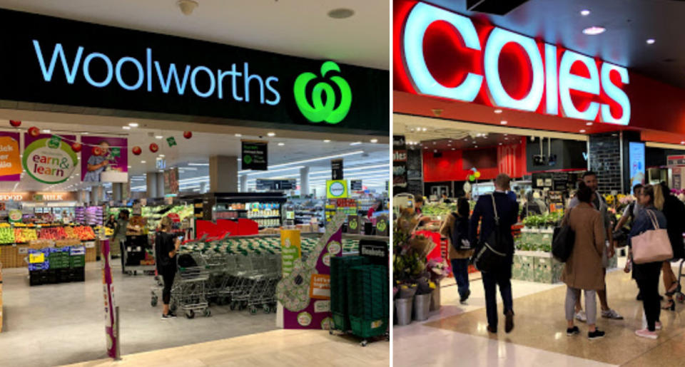 The exteriors of Woolworths and Coles stores.