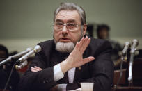 Surgeon General C. Everett Koop testifies before the House Energy and Commerce Committee at Capitol Hill in Washington, Tuesday, Feb. 11, 1987. Koop told the panel that he believes network television advertising of condoms would help prevent the spread of Aids. (AP Photo/Ron Edmonds)