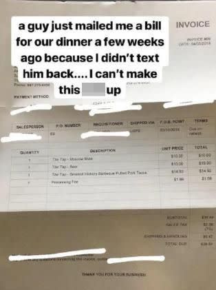 She took to Twitter to reveal the invoice he sent her way. Photo: Twitter