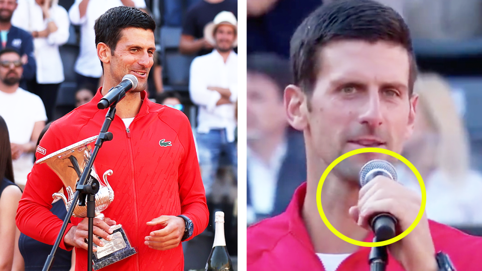 World No.1 tennis player Novak Djokovic (pictured left) speaking after winning the title and (pictured right) singing at the Italian Open.