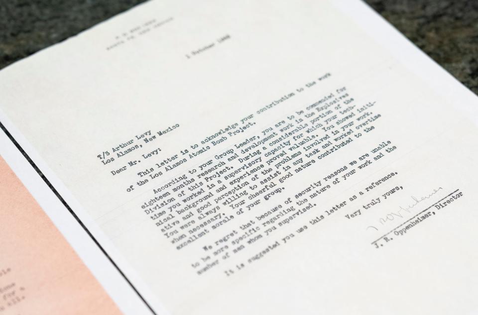A reference letter provided to Arthur Levy from J. Robert Oppenheimer.