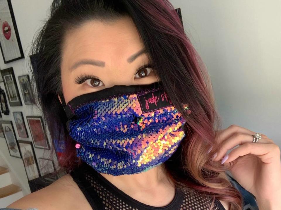 Jade Sky’s face masks come in colorful prints — and some even feature sequins.