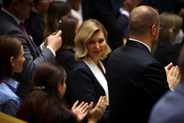 Ukraine’s first lady Olena Zelenska smiles as delegates to the United Nations General Assembly applaud her husband, Volodymyr Zelensky (REUTERS)