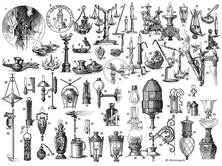 Drawings of historical lighting devices.