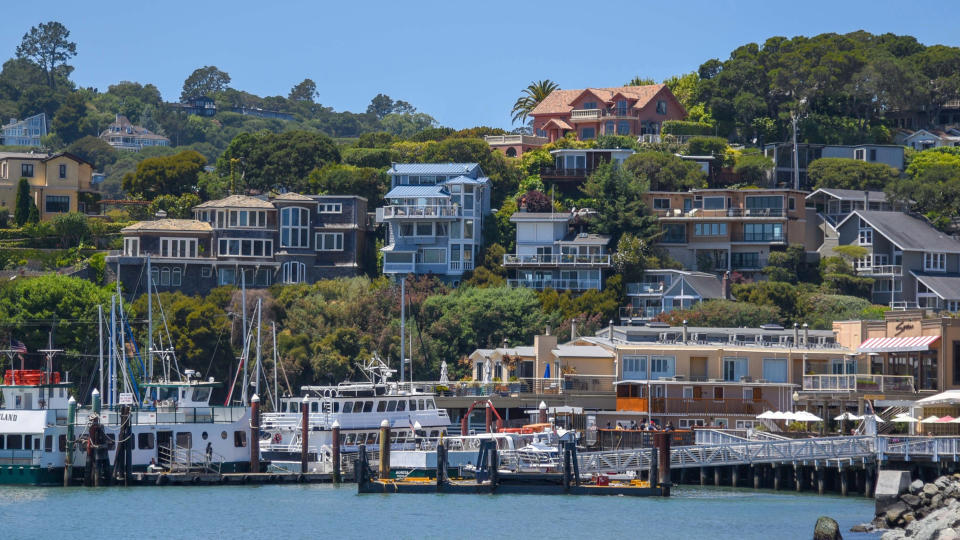 Belvedere, USA: June 23, 2018 : A view of a marina in front of luxury residential homes that built on the coastline and on hillsides in the city of Belvedere - Image.