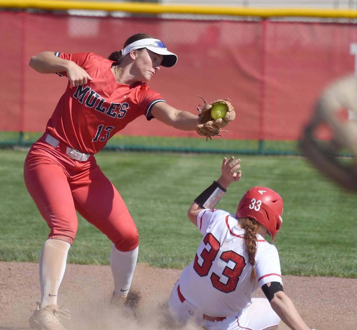 Shortstop Payton Pudlowski of Bedford takes the throw to attempt the tag as Aly Lewis of Monroe stole the base Monday, April 22, 2024.
