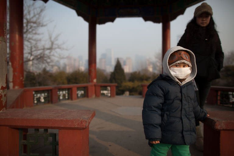 A child wearing a facemask walks through Beijing on January 15, 2013. Shares in a Chinese facemask manufacturer have soared as investors looked for opportunities to profit from the severe air pollution that has blanketed large swathes of China