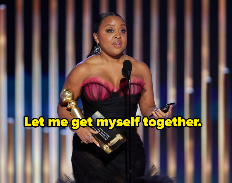 Quinta holding her award saying, "let me get myself together"