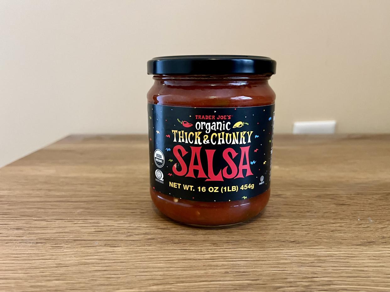 a jar of organic chunky salsa from trader joes