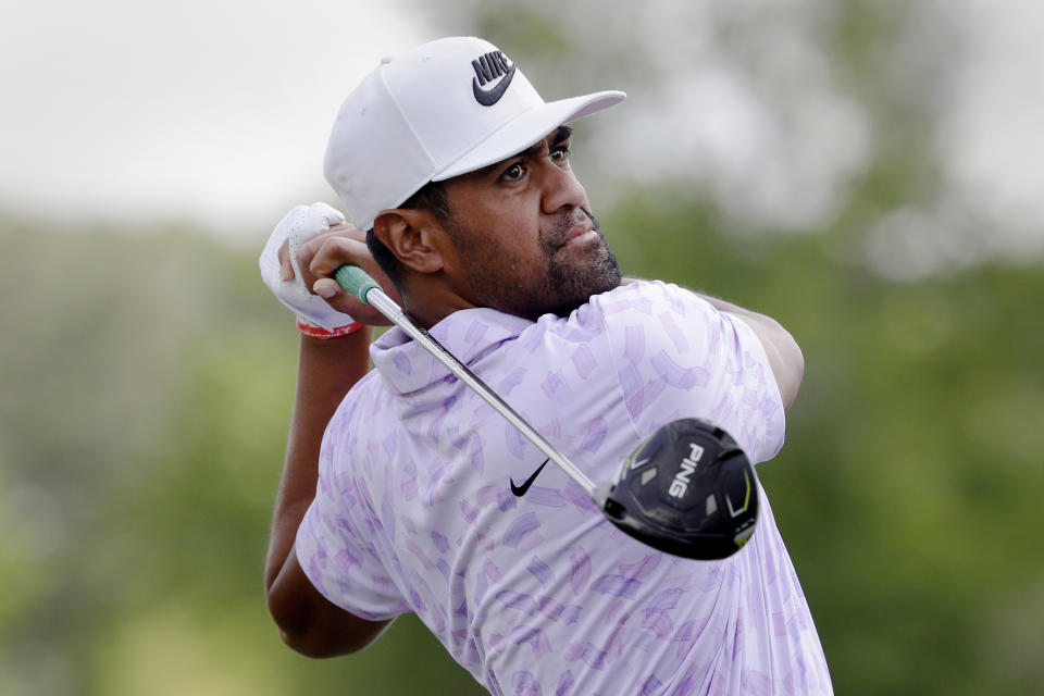 Defending champion Tony Finau tees off on the 10th hole during the first round of the Houston Open golf tournament Thursday, March, 28, 2024, in Houston. (AP Photo/Michael Wyke)